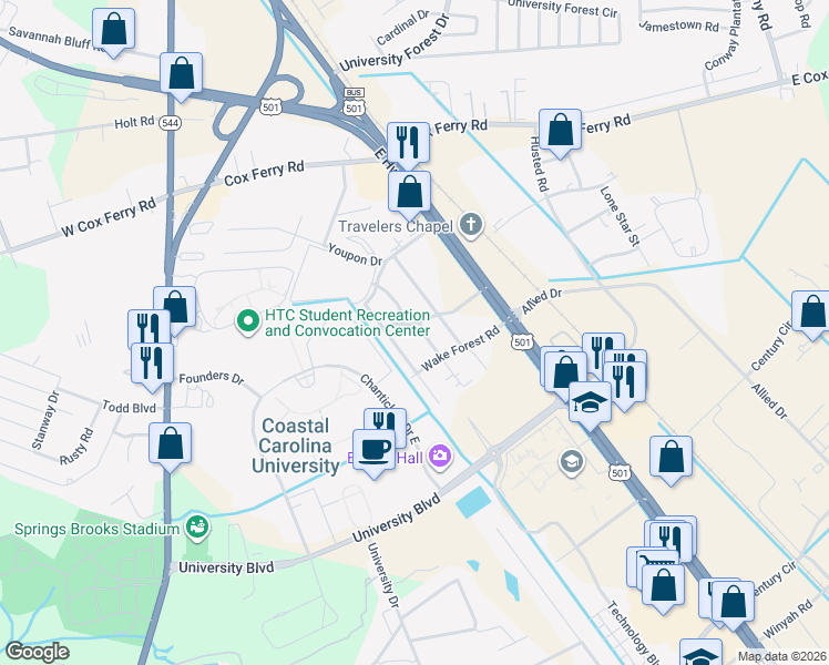 map of restaurants, bars, coffee shops, grocery stores, and more near 5103 Converse Drive in Conway
