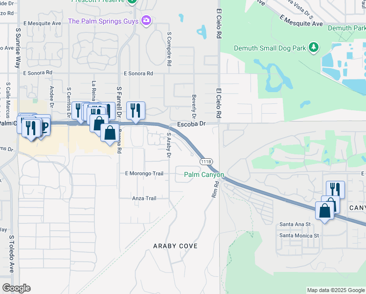 map of restaurants, bars, coffee shops, grocery stores, and more near 1700 South Araby Drive in Palm Springs