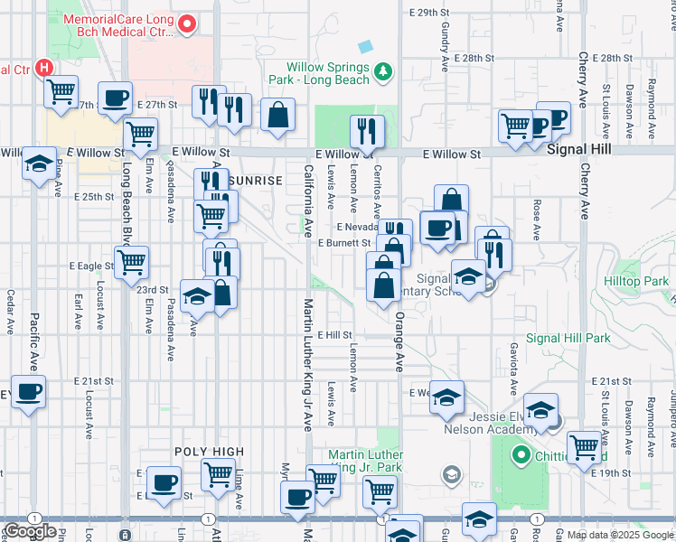 map of restaurants, bars, coffee shops, grocery stores, and more near 2352 Lewis Avenue in Signal Hill