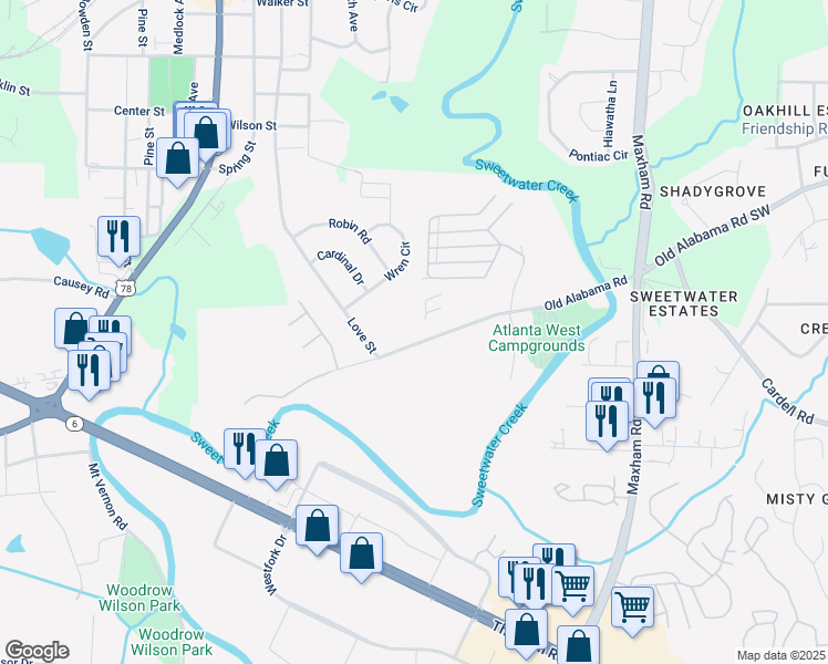 map of restaurants, bars, coffee shops, grocery stores, and more near 2559 Old Alabama Road in Austell
