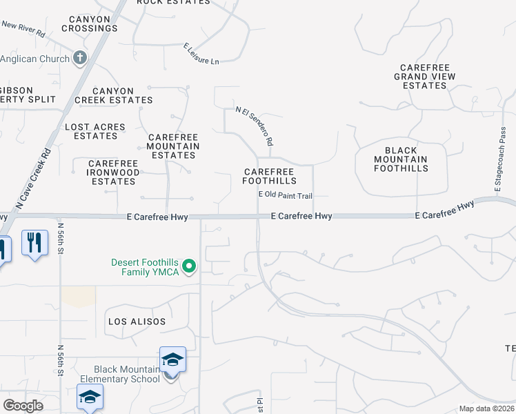 map of restaurants, bars, coffee shops, grocery stores, and more near 34601 North Sunset Trail in Cave Creek