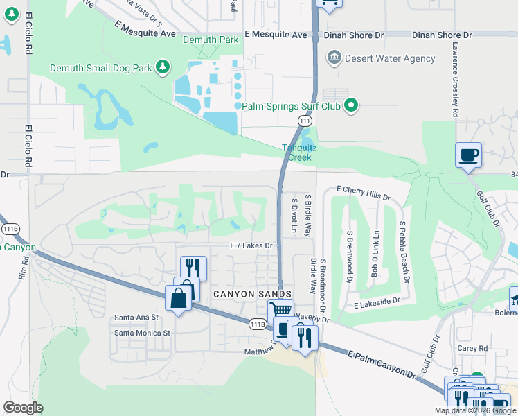 map of restaurants, bars, coffee shops, grocery stores, and more near 148 Eastlake Drive in Palm Springs