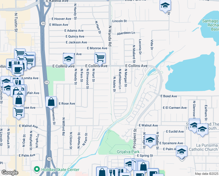 map of restaurants, bars, coffee shops, grocery stores, and more near 2925 East Mayfair Avenue in Orange