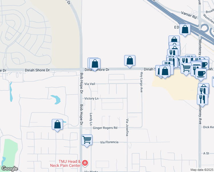 map of restaurants, bars, coffee shops, grocery stores, and more near 101 Vail Dunes Court in Rancho Mirage