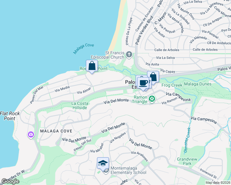 map of restaurants, bars, coffee shops, grocery stores, and more near 376 Palos Verdes Drive West in Palos Verdes Estates