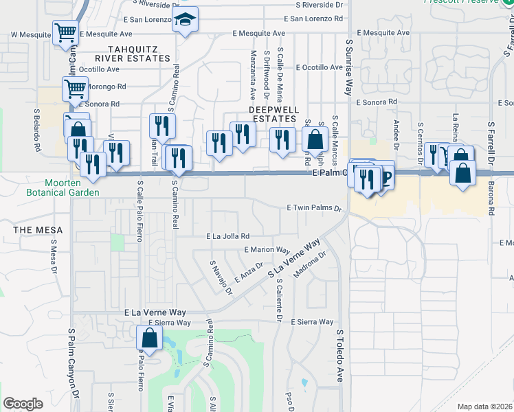 map of restaurants, bars, coffee shops, grocery stores, and more near 1800 South La Paloma in Palm Springs
