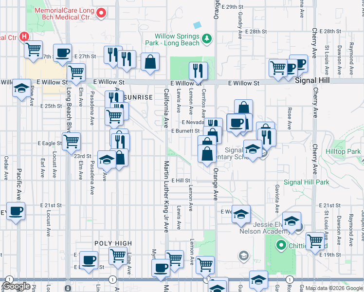 map of restaurants, bars, coffee shops, grocery stores, and more near 2352 Lewis Avenue in Signal Hill