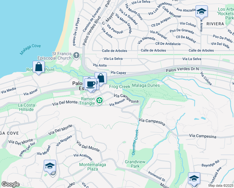 map of restaurants, bars, coffee shops, grocery stores, and more near 2605 Vía Campesina in Palos Verdes Estates
