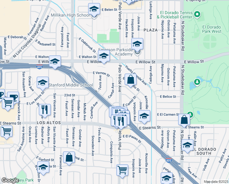 map of restaurants, bars, coffee shops, grocery stores, and more near 2306 Carfax Avenue in Long Beach