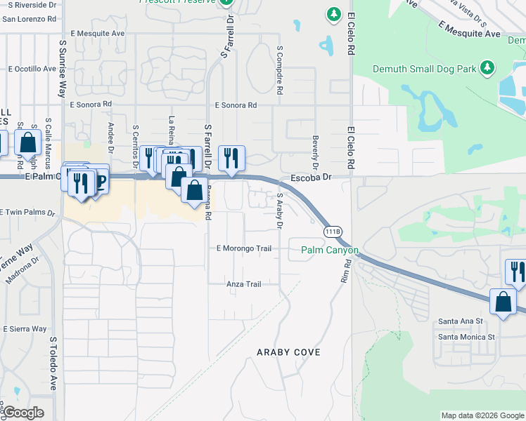 map of restaurants, bars, coffee shops, grocery stores, and more near 2791 Pintura Circle South in Palm Springs