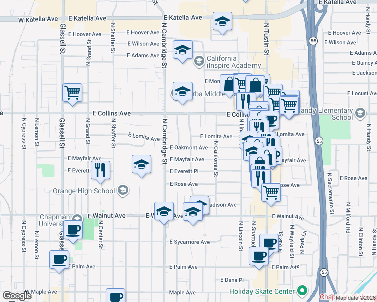 map of restaurants, bars, coffee shops, grocery stores, and more near 1040 East Oakmont Avenue in Orange