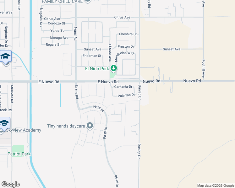 map of restaurants, bars, coffee shops, grocery stores, and more near 1448 Palermo Drive in Perris