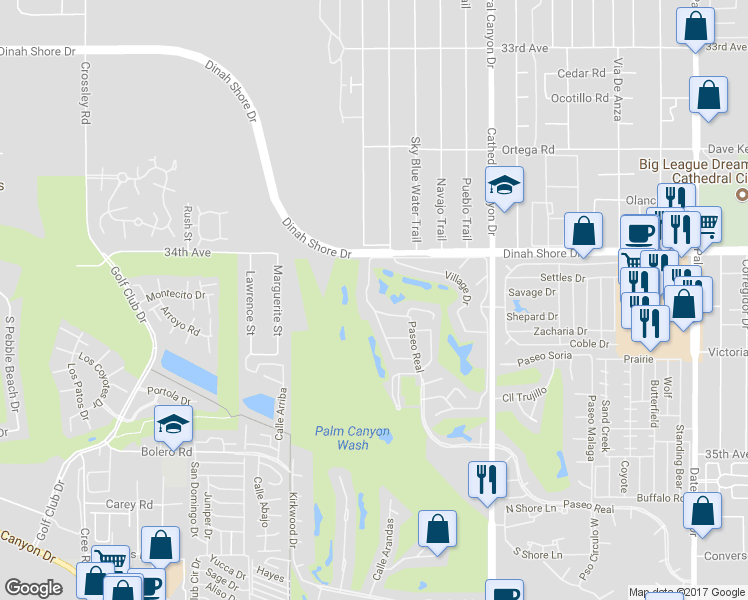 map of restaurants, bars, coffee shops, grocery stores, and more near 68004 7 Oaks Drive in Cathedral City