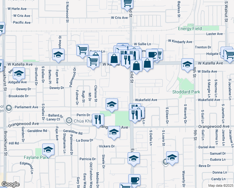 map of restaurants, bars, coffee shops, grocery stores, and more near 10872 Palma Vista Avenue in Garden Grove