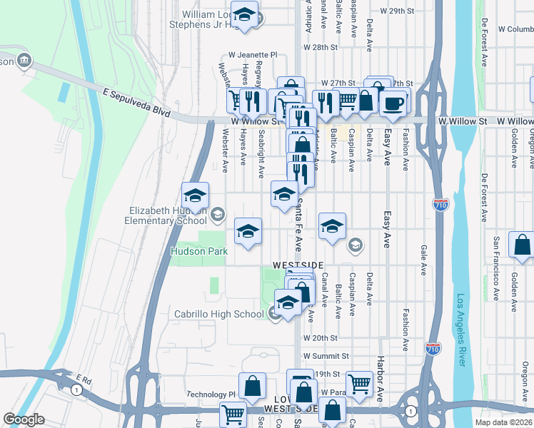map of restaurants, bars, coffee shops, grocery stores, and more near 2346 Seabright Avenue in Long Beach
