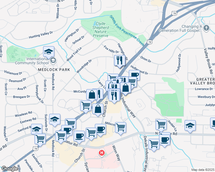 map of restaurants, bars, coffee shops, grocery stores, and more near 1766 Lawrenceville Highway in Decatur