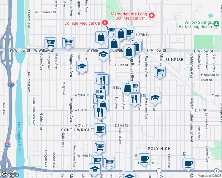 map of restaurants, bars, coffee shops, grocery stores, and more near 2 East Eagle Street in Long Beach