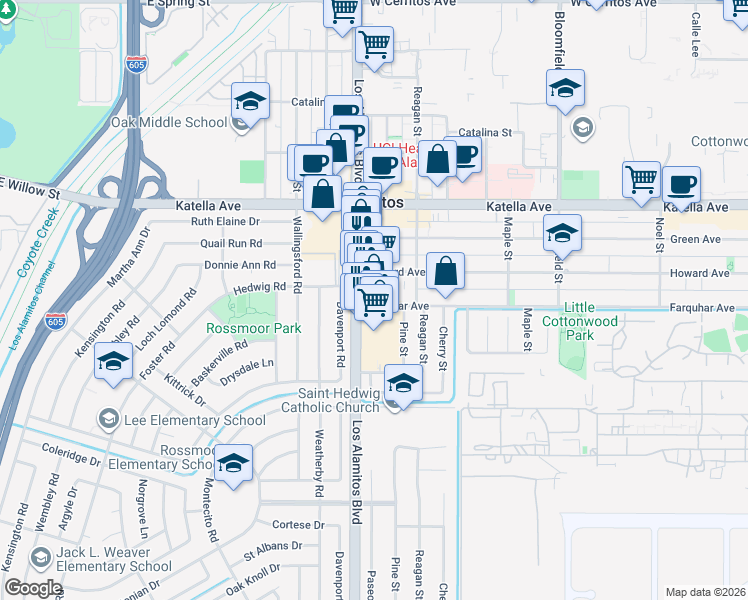 map of restaurants, bars, coffee shops, grocery stores, and more near 3531 Farquhar Avenue in Los Alamitos