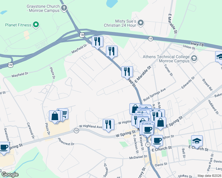 map of restaurants, bars, coffee shops, grocery stores, and more near 136 West Marable Street in Monroe