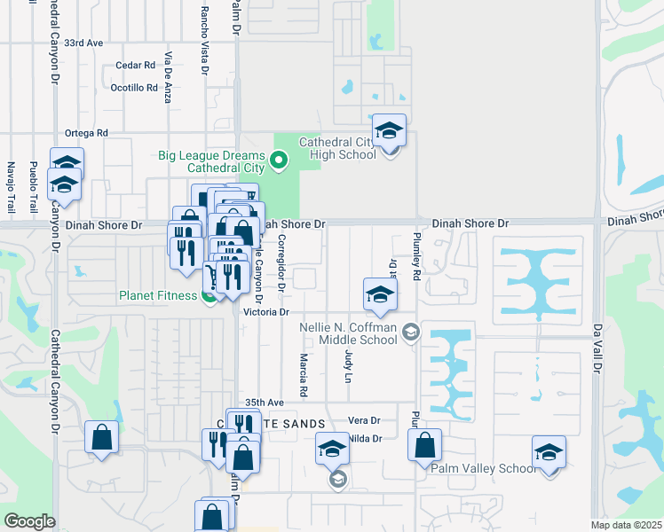 map of restaurants, bars, coffee shops, grocery stores, and more near 34232 Vaquero Road in Cathedral City