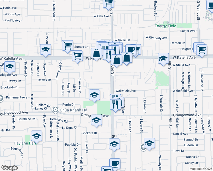 map of restaurants, bars, coffee shops, grocery stores, and more near 10952 Palma Vista Avenue in Garden Grove