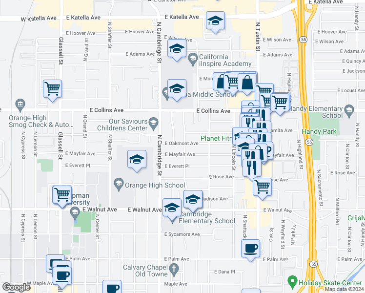 map of restaurants, bars, coffee shops, grocery stores, and more near 1040 East Oakmont Avenue in Orange