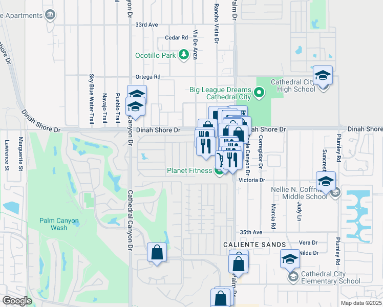 map of restaurants, bars, coffee shops, grocery stores, and more near 89 Armenia Drive in Cathedral City