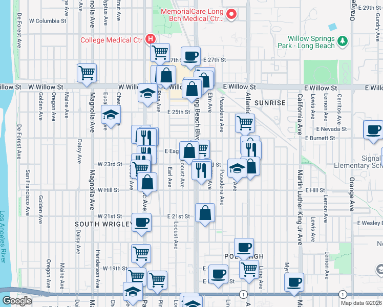 map of restaurants, bars, coffee shops, grocery stores, and more near 2337 Long Beach Boulevard in Long Beach