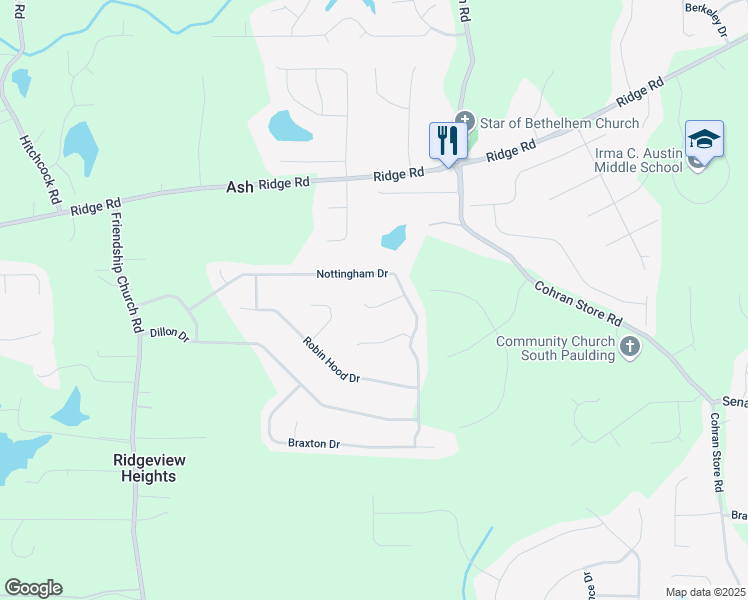 map of restaurants, bars, coffee shops, grocery stores, and more near 64 Little John Way in Douglasville