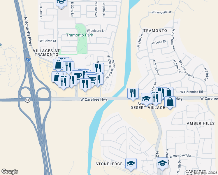 map of restaurants, bars, coffee shops, grocery stores, and more near 34616 North 30th Avenue in Phoenix