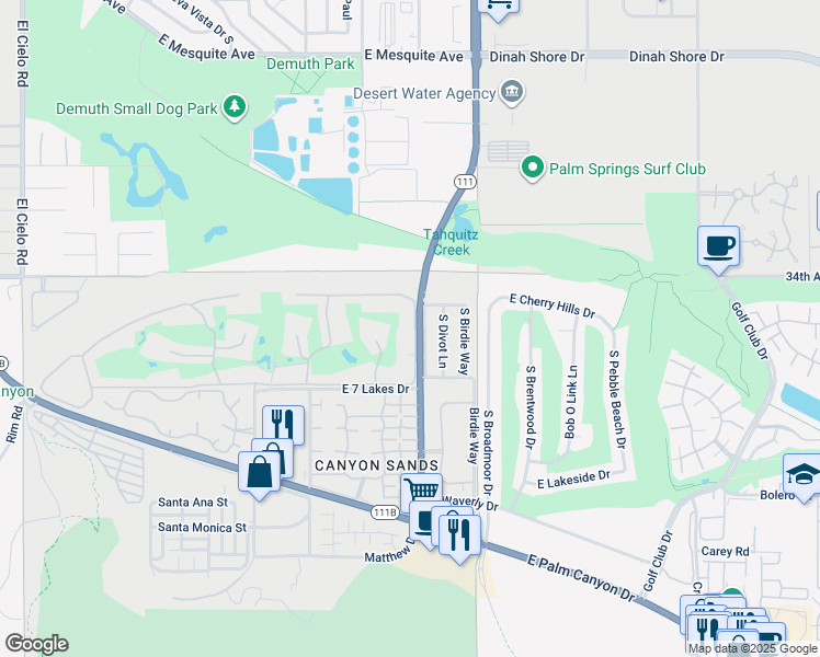 map of restaurants, bars, coffee shops, grocery stores, and more near 300 Desert Lakes Drive in Palm Springs