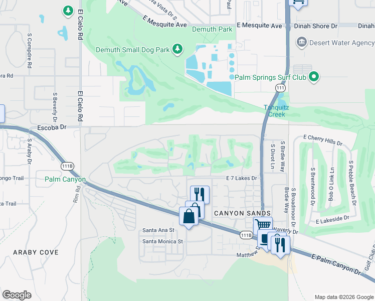 map of restaurants, bars, coffee shops, grocery stores, and more near 83 Westlake Circle in Palm Springs