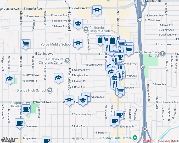 map of restaurants, bars, coffee shops, grocery stores, and more near 1125 East Mayfair Avenue in Orange