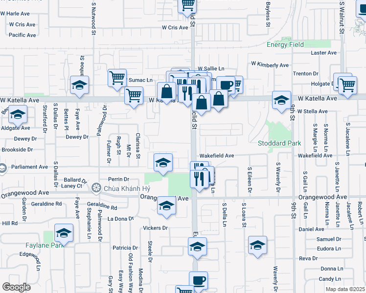map of restaurants, bars, coffee shops, grocery stores, and more near 10952 Palma Vista Avenue in Garden Grove