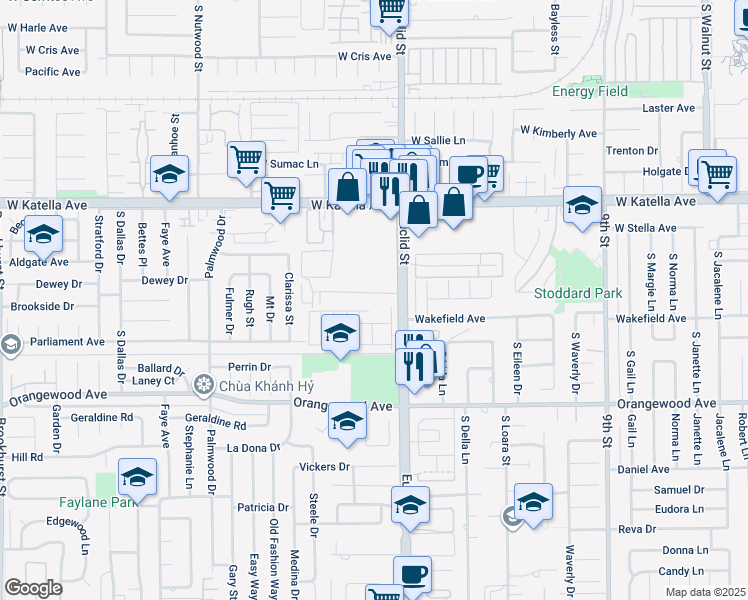 map of restaurants, bars, coffee shops, grocery stores, and more near 10952 Palma Vista Avenue in Garden Grove