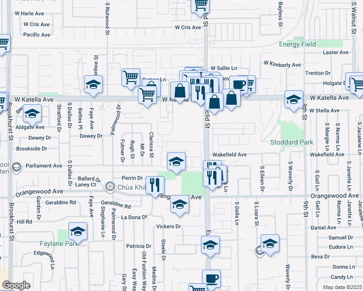 map of restaurants, bars, coffee shops, grocery stores, and more near 10872 Palma Vista Avenue in Garden Grove
