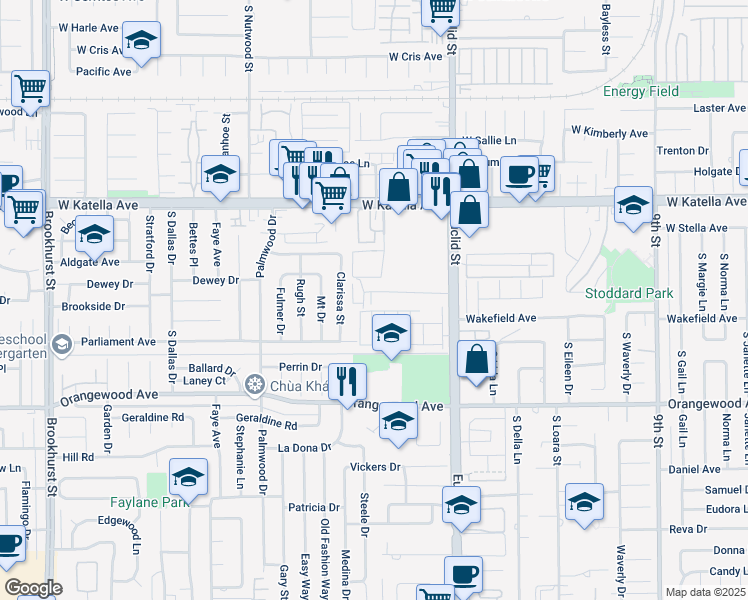 map of restaurants, bars, coffee shops, grocery stores, and more near 11234 Steele Street in Garden Grove