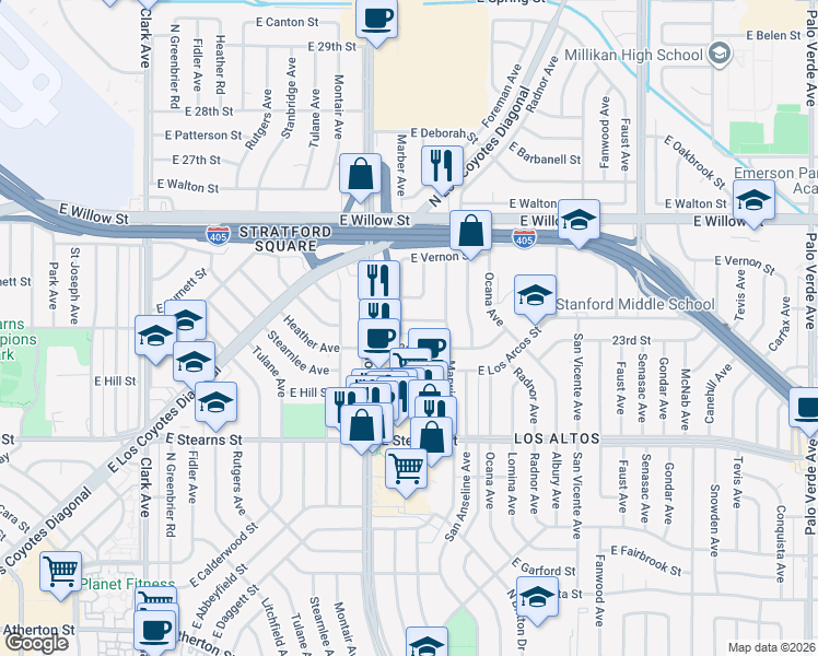map of restaurants, bars, coffee shops, grocery stores, and more near 5570 East Rolanda Street in Long Beach
