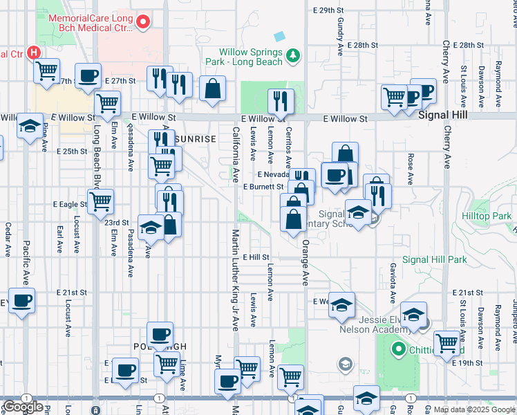 map of restaurants, bars, coffee shops, grocery stores, and more near 2325 Lemon Avenue in Signal Hill