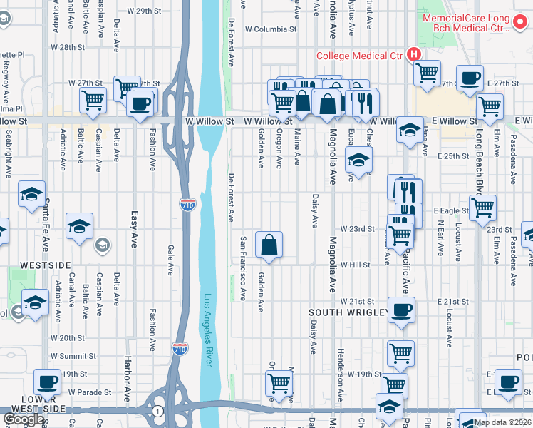 map of restaurants, bars, coffee shops, grocery stores, and more near 2335 Oregon Avenue in Long Beach