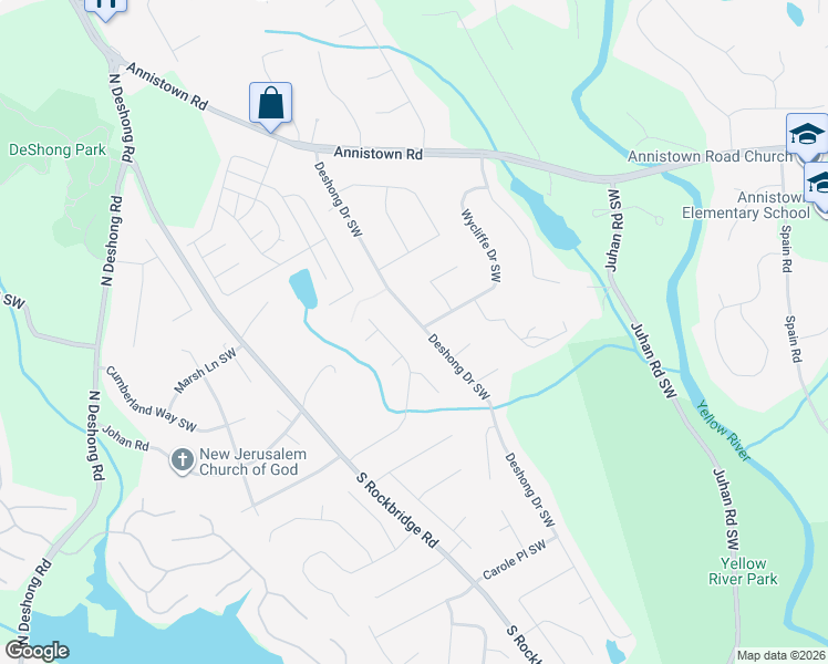 map of restaurants, bars, coffee shops, grocery stores, and more near 3053 Deshong Drive Southwest in Stone Mountain