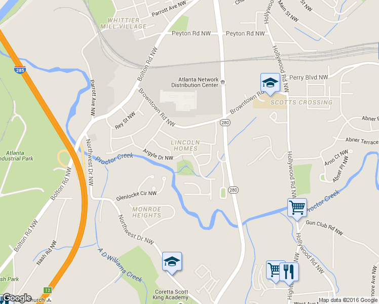 map of restaurants, bars, coffee shops, grocery stores, and more near 2766 Argyle Drive Northwest in Atlanta