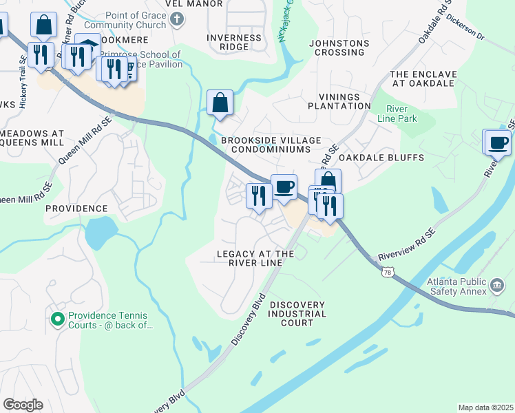 map of restaurants, bars, coffee shops, grocery stores, and more near 6222 Carrrage Gate Lane in Mableton