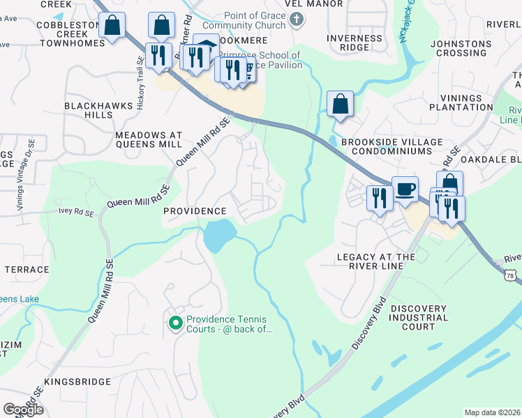 map of restaurants, bars, coffee shops, grocery stores, and more near 6414 Queens Court Trace in Mableton