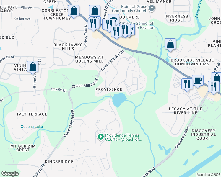 map of restaurants, bars, coffee shops, grocery stores, and more near 6261 Providence Club Drive in Mableton