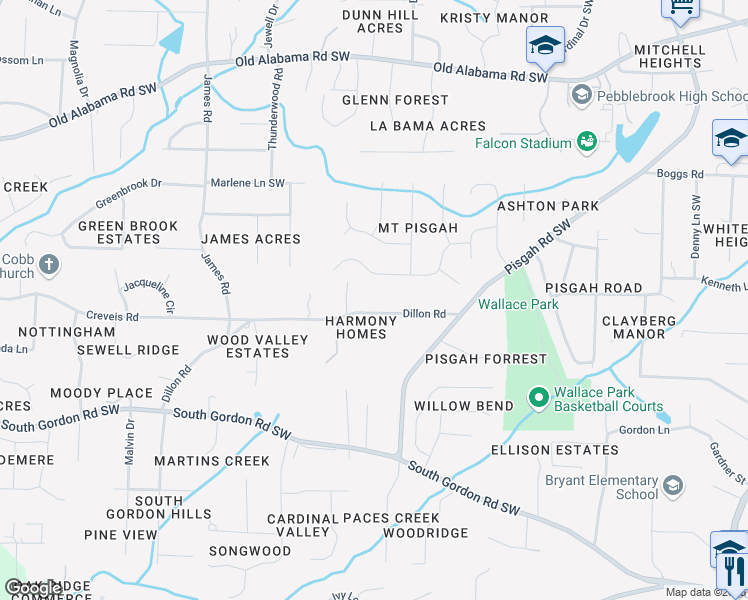 map of restaurants, bars, coffee shops, grocery stores, and more near 1220 Dillon Road in Austell