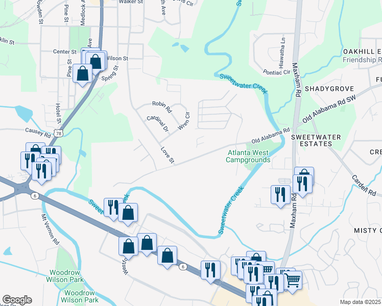 map of restaurants, bars, coffee shops, grocery stores, and more near 2559 Old Alabama Road in Austell