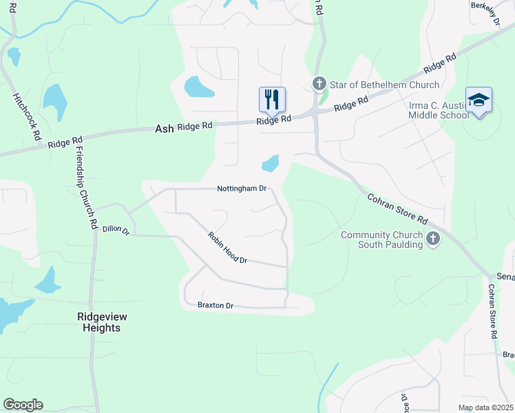 map of restaurants, bars, coffee shops, grocery stores, and more near 64 Little John Way in Douglasville