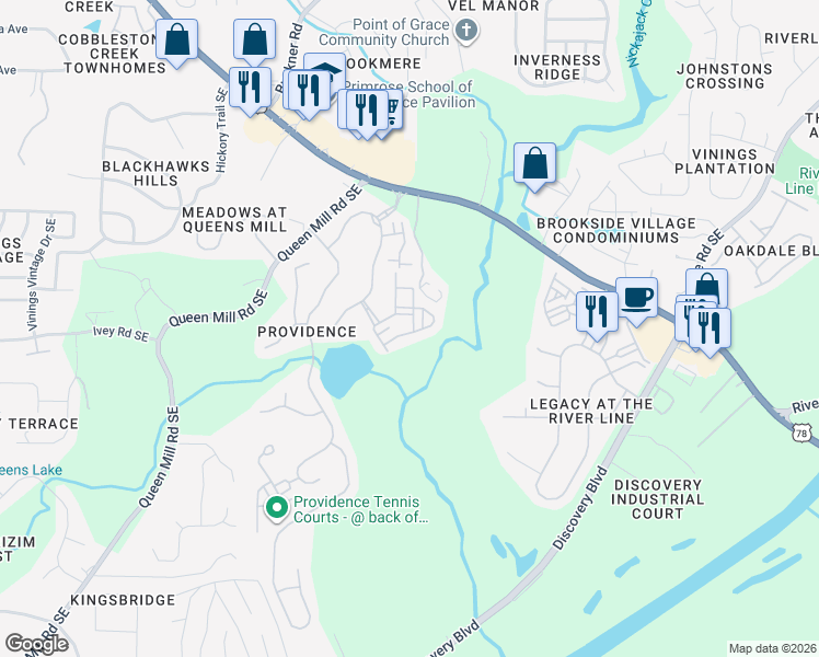 map of restaurants, bars, coffee shops, grocery stores, and more near 6421 Queens Court Trace in Mableton
