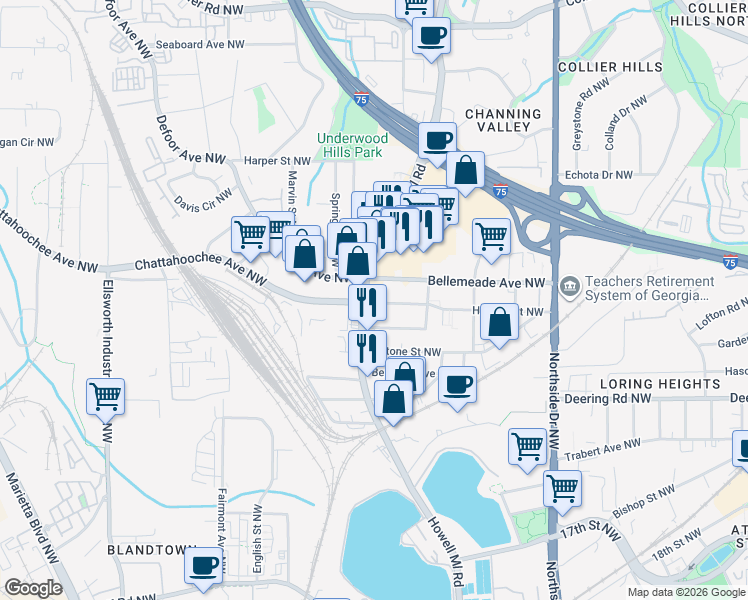 map of restaurants, bars, coffee shops, grocery stores, and more near 1667 Howell Mill Road Northwest in Atlanta